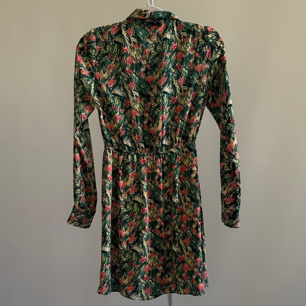 Aritzia Sunday Best Veronica Green and Pink Long Sleeve Shirt Dress Floral Palm